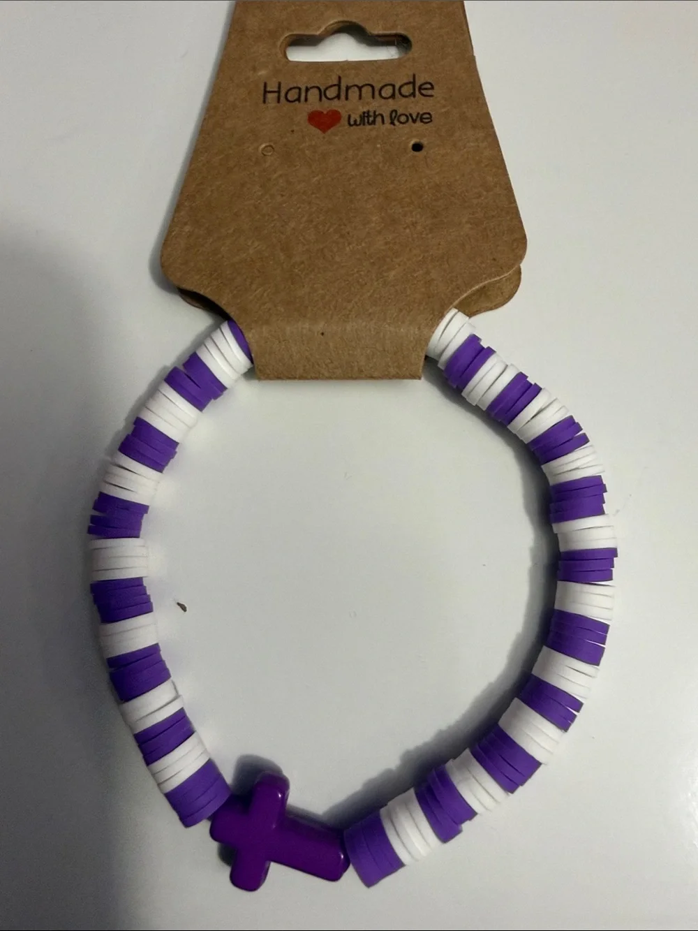 Handmade Kids Purple & White Cross Bead Stretch Bracelet